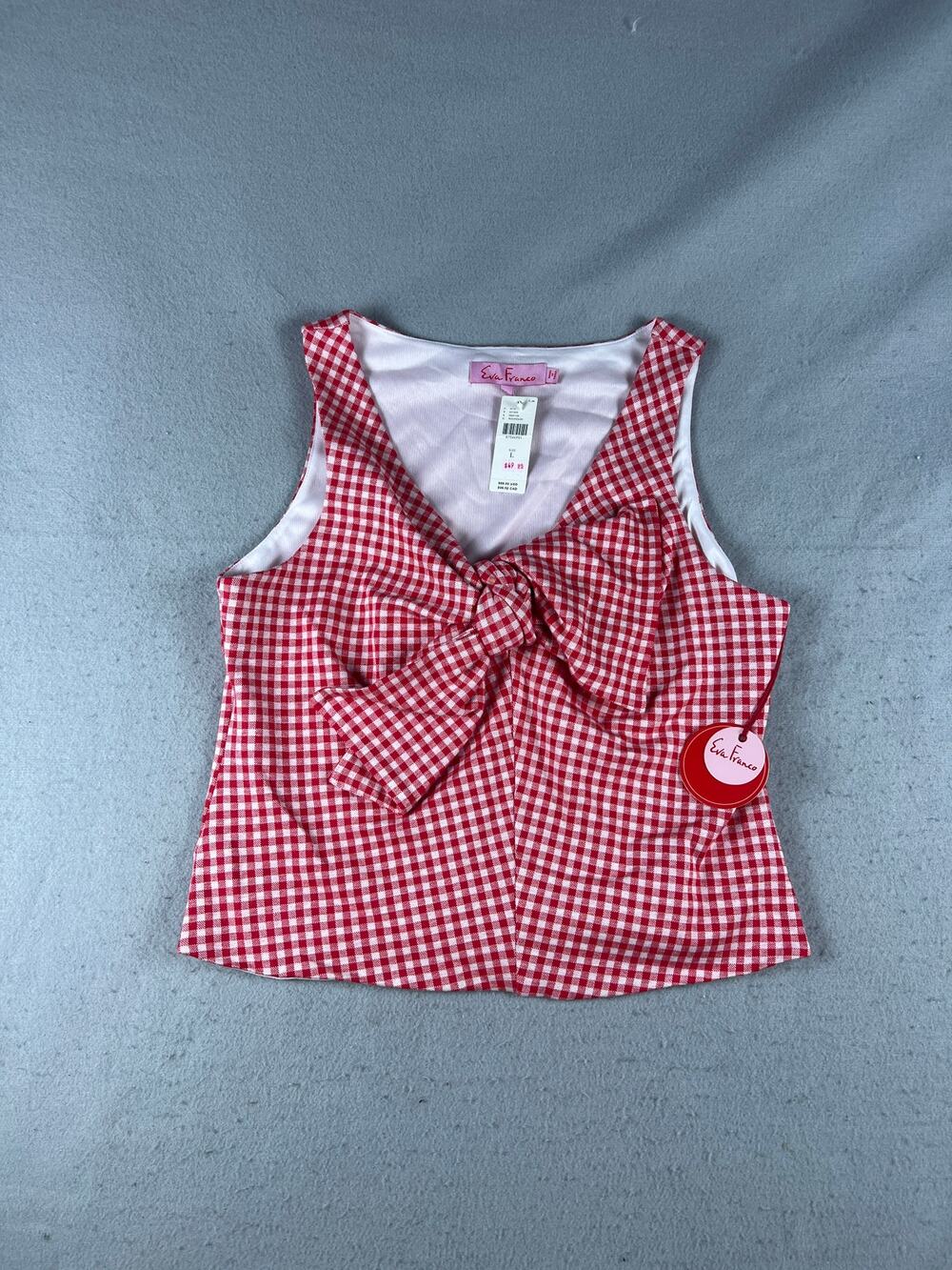 Eva Franco Tank Top Womens L Red White Bow V-Neck Gingham Check Crop Pinup NEW